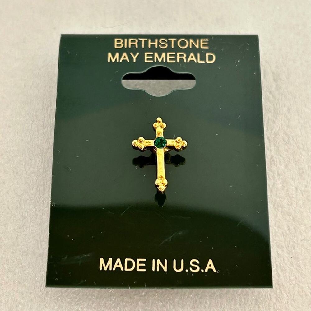 Vintage Birthstone Cross Pin May Green Rhinestone